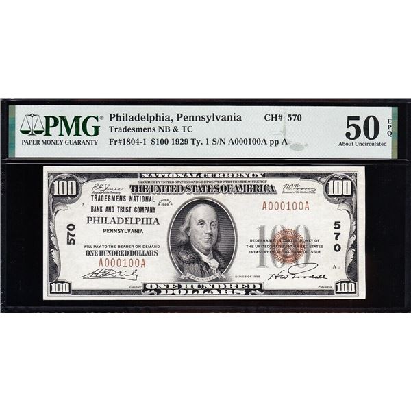 1929 $100 Low Serial Philadelphia PA National PMG 50EPQ