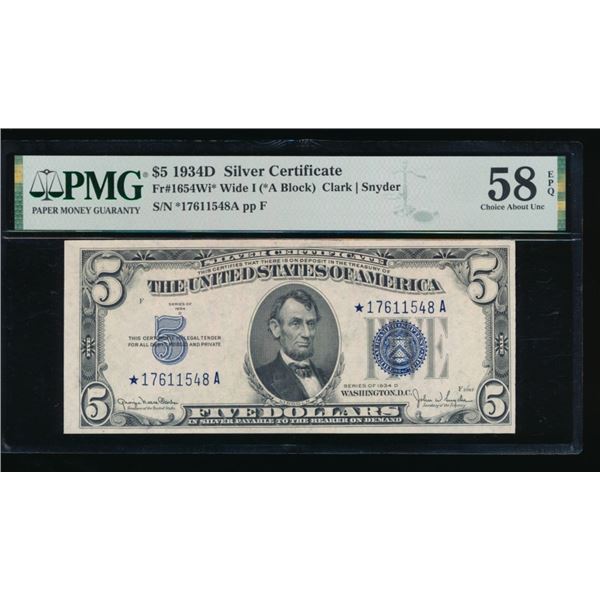 1934D $5 STAR Silver Certificate PMG 58EPQ
