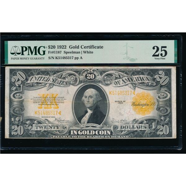 1922 $20 Gold Certificate PMG 25