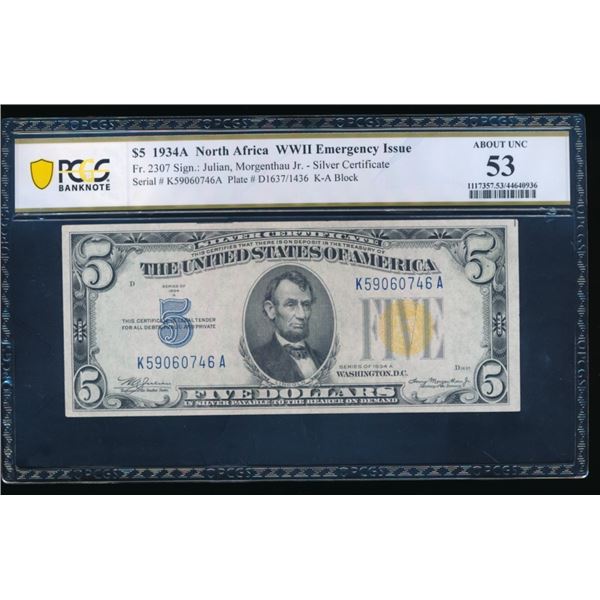 1934A $5 N Africa Silver Certificate PCGS 53