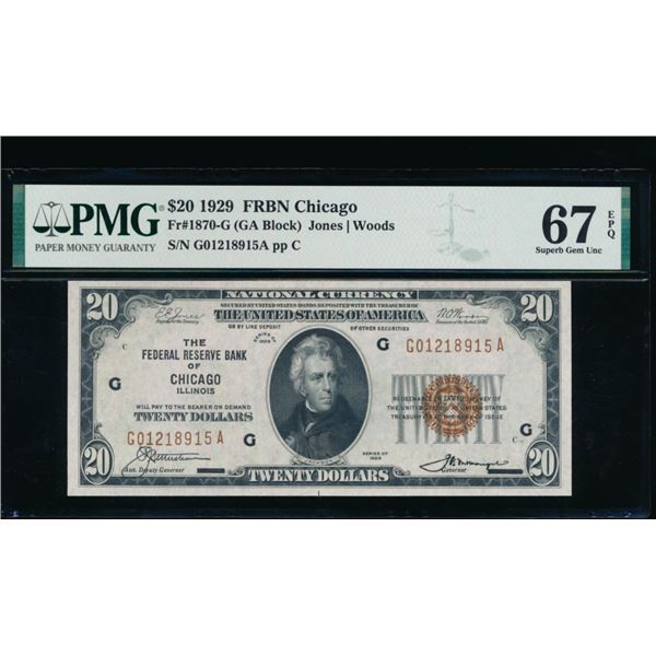 1929 $20 Chicago FRBN PMG 67EPQ