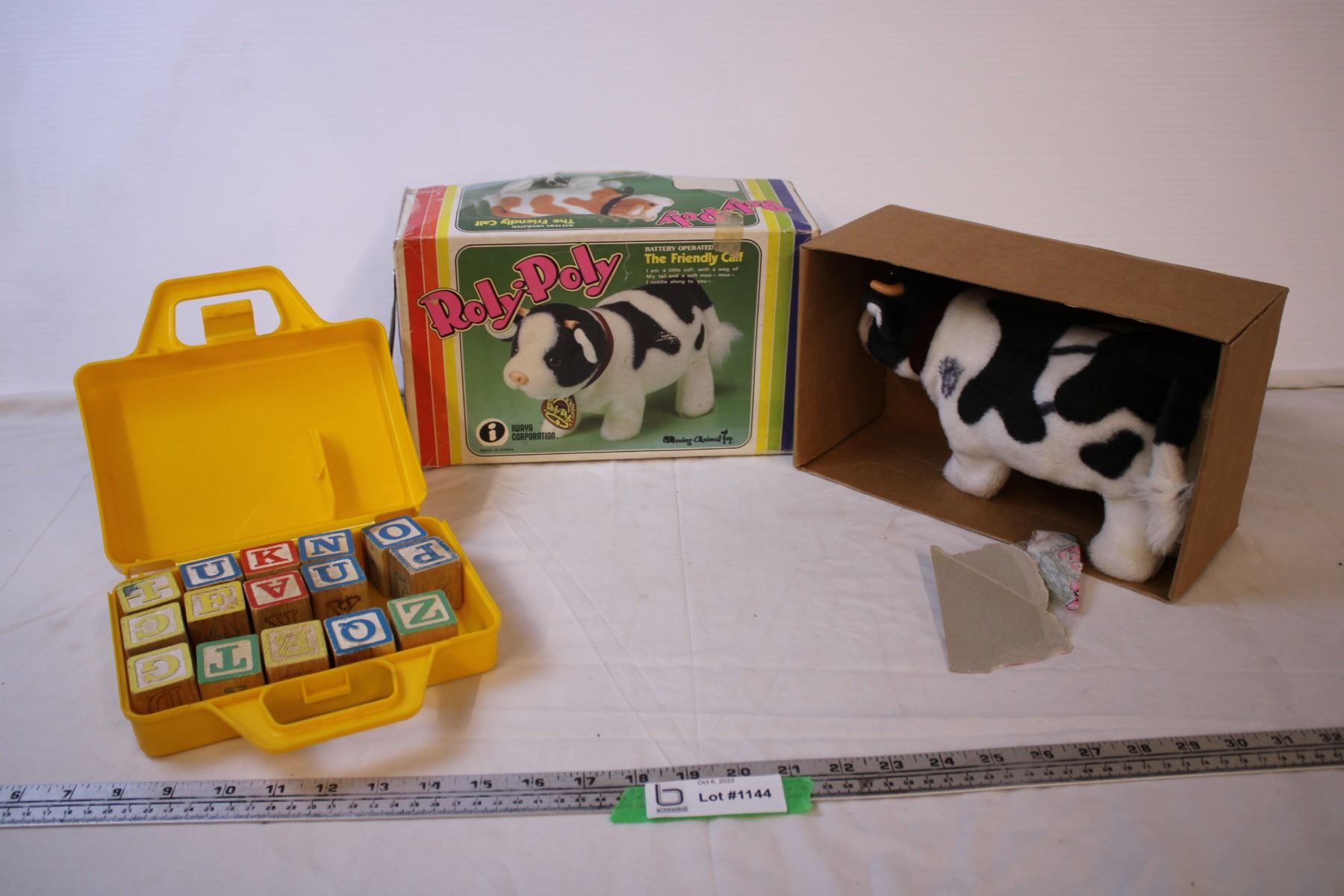 Vintage Roly-Poly Cow in original Box + Container w/ Blocks