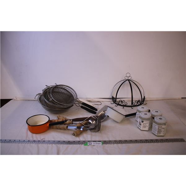 Assorted Strainers and Kitchen Items