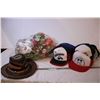 (14) Caps, (1) Leather Cowboy Hat, Fabric Flower Arrangement