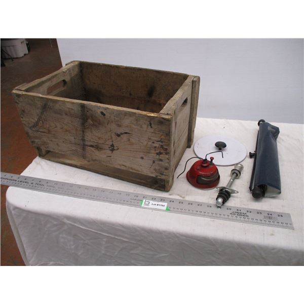 Wooden pop crate with misc