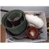 Image 2 : *Box of gardening accessories,pail of tools and misc,pail of plumbing and misc