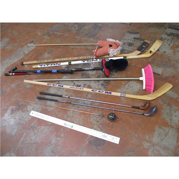 *Lot of hockey sticks, golf clubs, broom, misc