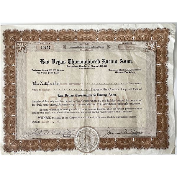 Las Vegas Thoroughbred Racing Association signed Stock Certificate