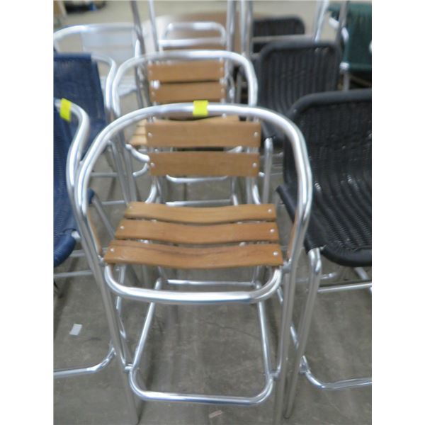 9 New Teak Slat Column Bar Stools 9 x $
