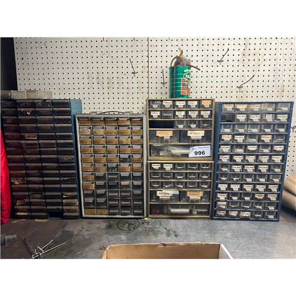 4 BINS OF ASST NUTS, BOLTS, SPRINGS, WASHERS, ELECTRICAL CONNECTORS, INCLUDES BINS & CONTENTS