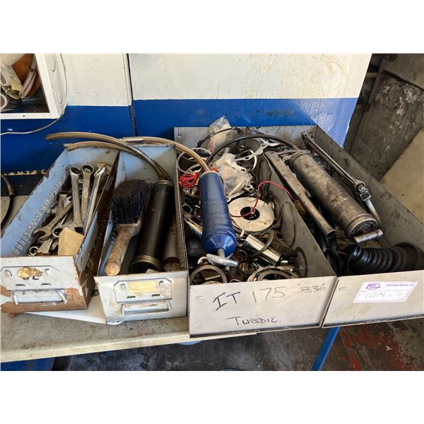 ASST COMBINATION WRENCHES, SOCKETS, NOT COMPLETE SETS, GREASE GUNS, HACKSAW, FLUID PUMPS