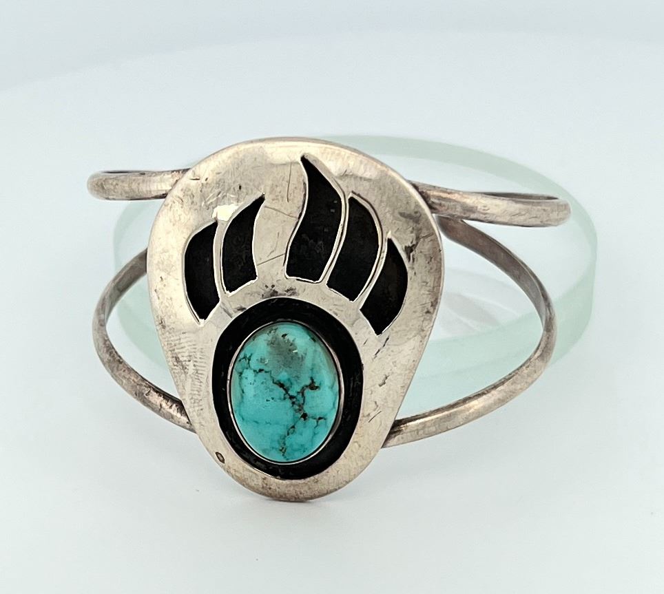 Navajo Sterling Silver Bear Paw Bracelet Turquoise