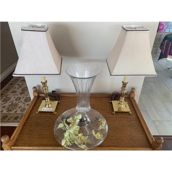 Two Showhome Lamps 22" Tall Plus Ornate Glass Vase and Glass Piece