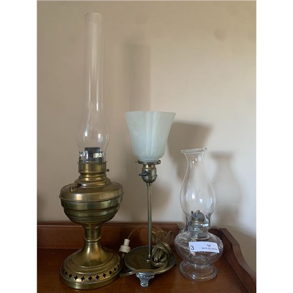 Antique Lamp Lot Two Kerosene Plus an Electric Lamp