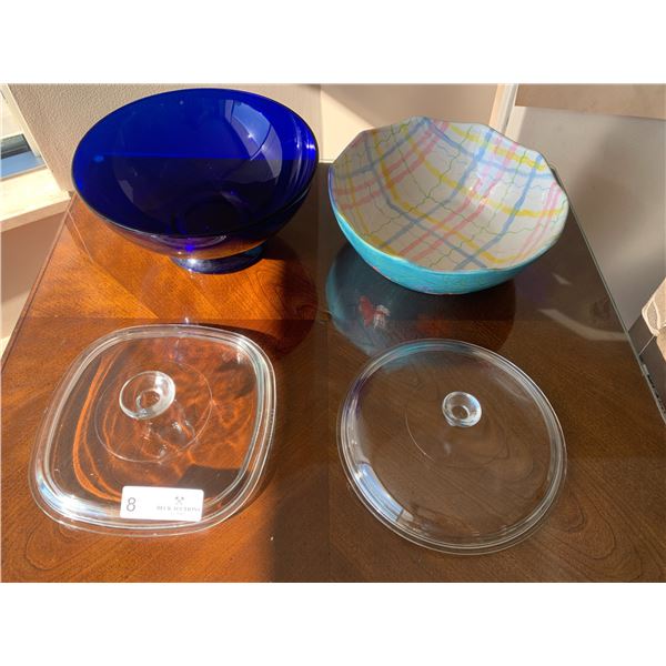 Glass Lot Consisting of Pyrex Lids Cobalt Blue Bowl Plus Another Serving Bowl