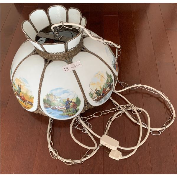 Tiffany Style Hanging Lamp With a Painted Scene on it