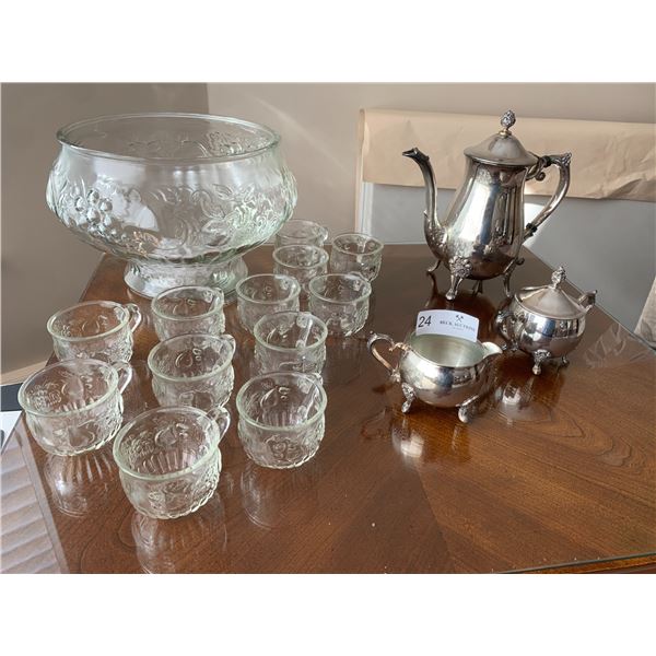 Glass Punch Bowl and Silver Plated Tea Set Lot