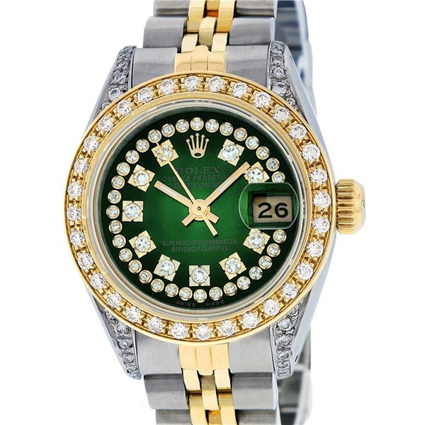 Rolex Ladies 2 Tone Green Vignette Diamond Lugs 26MM Datejust