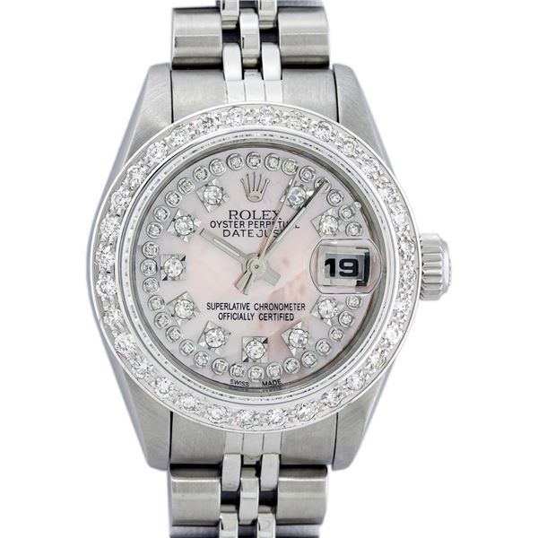 Rolex Ladies Stainless Steel Light Pink MOP 18K Gold Diamond Bezel Wristwatch