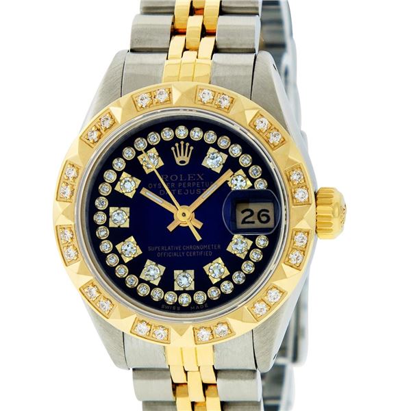 Rolex Ladies 2T Blue Vignette String Pyramid Diamond Datejust Wristwatch