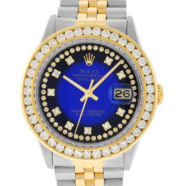 Rolex Mens 2 Tone Blue Vignette String VS 3 ctw Channel Set Diamond Datejust 36M
