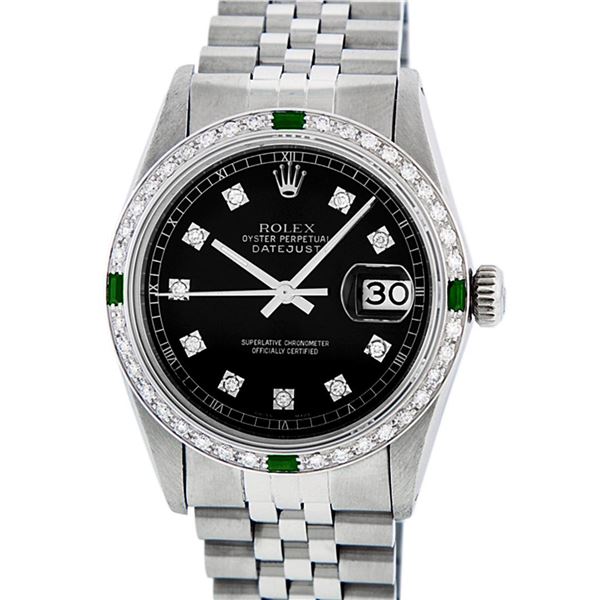 Rolex Mens 36 Datejust Black Diamond & Emerald Serviced Polished