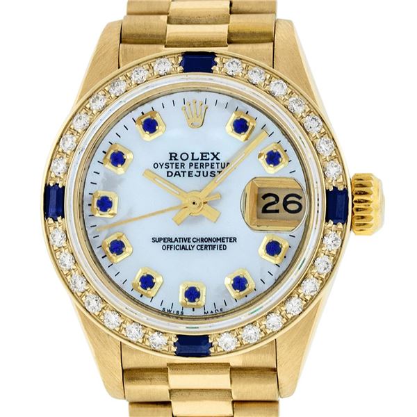 Rolex Ladies 18K Yellow Gold MOP Sapphire President Wristwatch 26