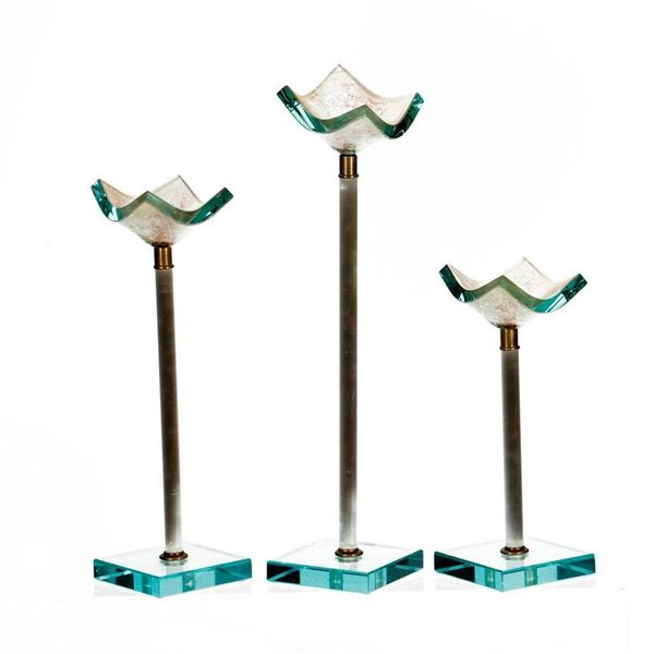 Set of Three Modern Glass Candleholders.