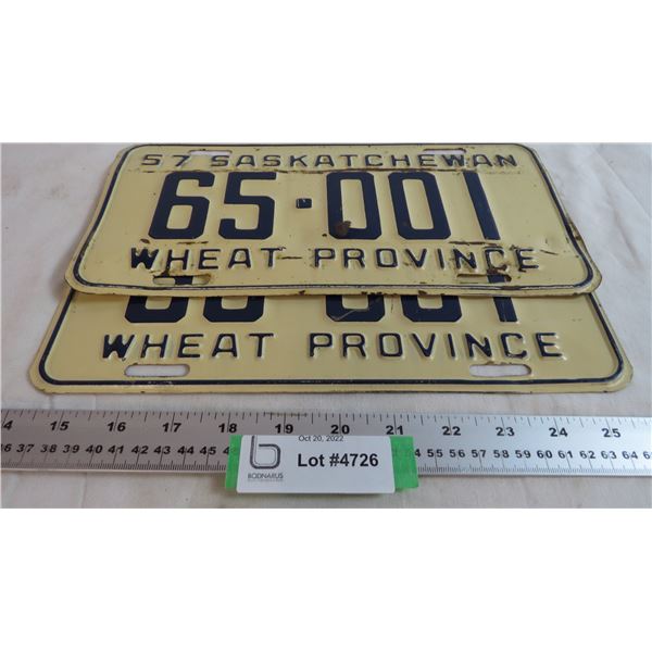 (2) Matching 1957 Saskatchewan License Plates