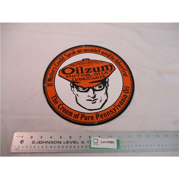 Oilzum Enamel sign - 11.25  diameter