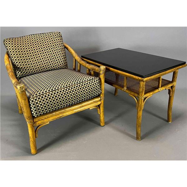 McGuire Rattan Bamboo Armchair and Side Table