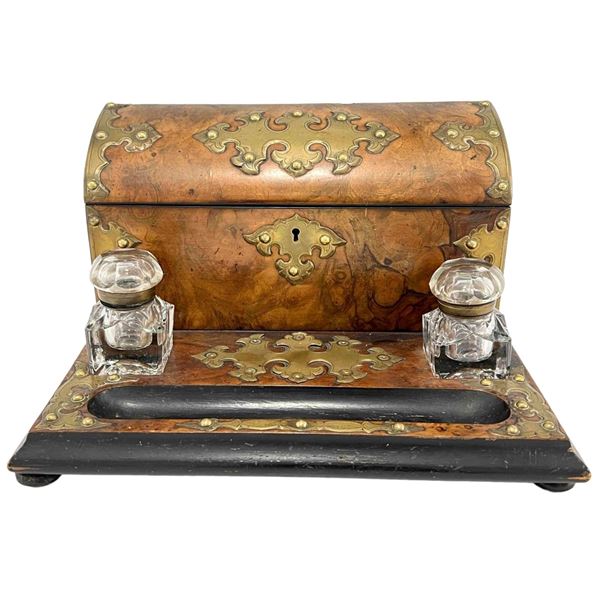 Antique Burlwood, Brass, And Glass Double Inkwell