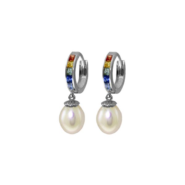 Genuine 9.3 ctw Multi-Color Sapphire & Pearl Earrings 14KT White Gold - REF-48R4P