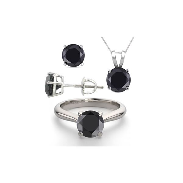 14K White Gold SET 6.0CTW Black Diamond Ring, Earrings, Necklace - REF-449X8W