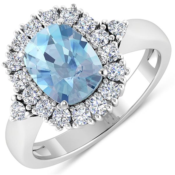 Natural 2.34 CTW Aquamarine & Diamond Ring 14K White Gold - REF-82K3W