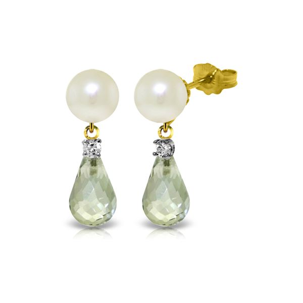 Genuine 6.6 ctw Green Amethyst, Pearl & Diamond Earrings 14KT Yellow Gold - REF-27Y6F