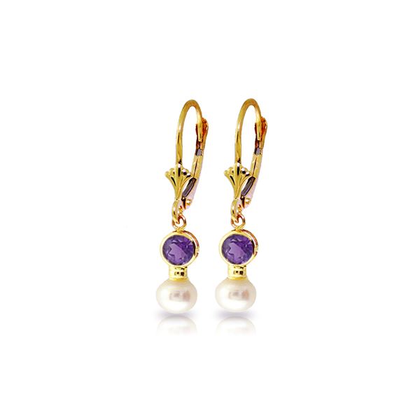 Genuine 5.2 ctw Amethyst & Pearl Earrings 14KT Yellow Gold - REF-35T9A