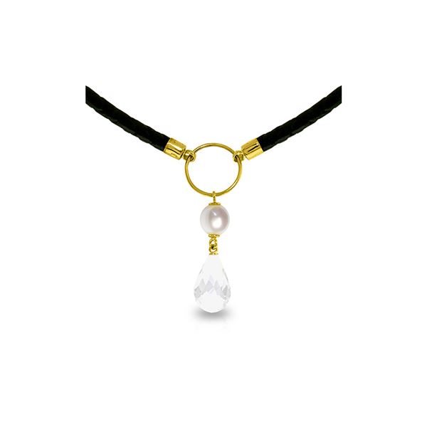Genuine 9 ctw White Topaz & Pearl Necklace 14KT Yellow Gold - REF-54V5W