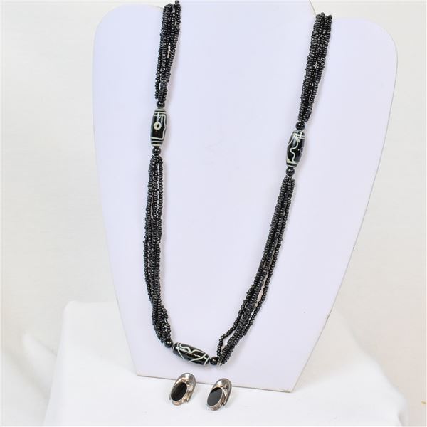 Sterling Onyx Earrings and Beaded Necklace