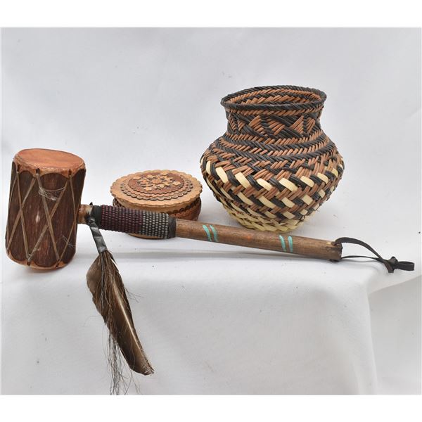 Navajo Stick Drum with Tarahumara Basket and Trinket Box