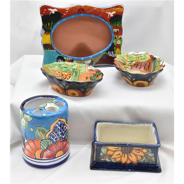 5 Mexican Glazed Pottery including Picture Frame