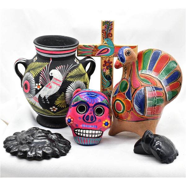 6 Mexican Collectables includes Pottery, Cross, Carved Onyx Turtle