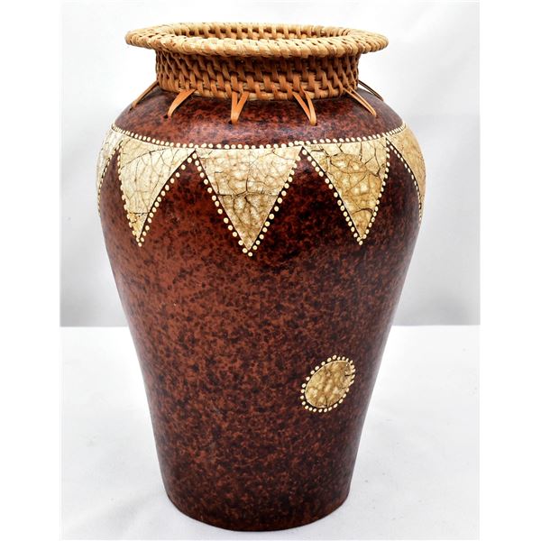 Handmade Indonesian Wicker Rimed Pottery Vase