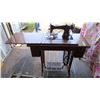 Image 4 : Singer Treadle sewing machine with electric light (water damaged to bottom of table) on casters