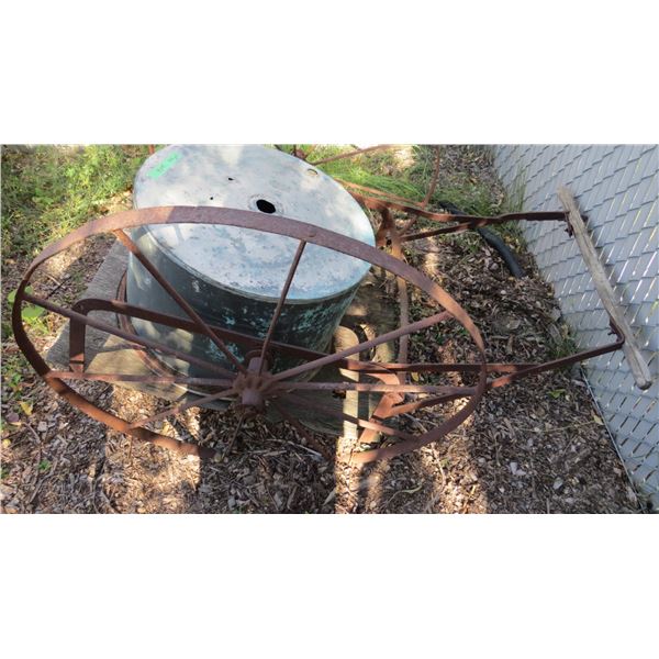 Cart + drum with steel wheels, needs new wood, drum tub 36" diameter