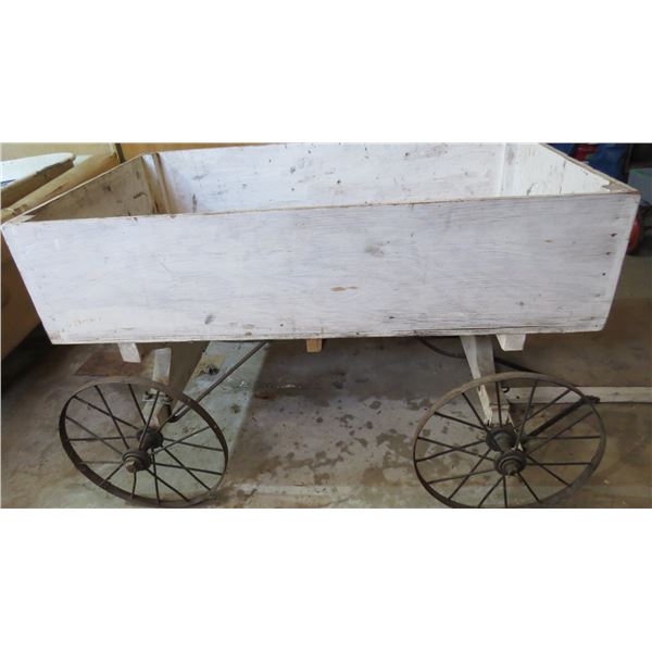 Wooden mail wagon on steel wheels - 40x24x26 with 39  handle (does have rod to attach handle to)