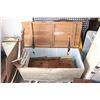 Image 1 : Wood storage box trunk with leather handles + contents (various chair, dresser, misc wooden pieces) 