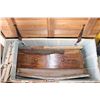 Image 2 : Wood storage box trunk with leather handles + contents (various chair, dresser, misc wooden pieces) 