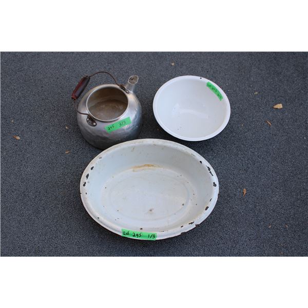 Enamel bowl (11  dia), wash tub (18x14) + aluminum kettle