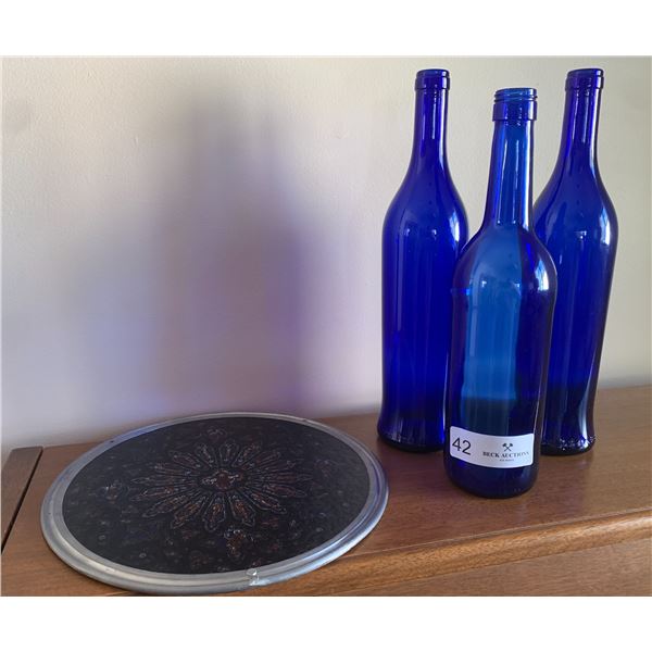 Round Stained Glass Item Plus Three Blue Glass Bottles - Beck Auctions Inc.